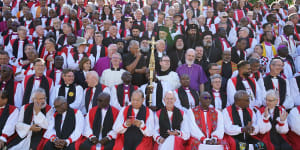 Archbishop of Canterbury Justin Welby,front row,centre right,with bishops from around the world last year. The decision to not allow same-sex marriage follows five years of debate within the Church of England.
