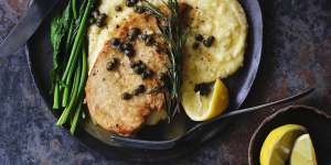 Chicken scaloppine with capers,lemon,rosemary and polenta.