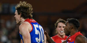 Ben Brown of the Demons celebrates a goal.