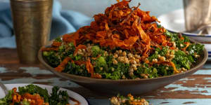 Toasted freekeh salad topped with crispy carrot.