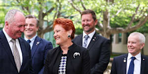 One Nations’ newest recruit Barnaby Joyce,with leader Pauline Hanson and fellow senators Sean Bell and Tyron Whitten.