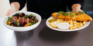 Char sui chicken Maryland and Fish and Chips.