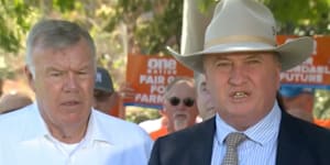 One Nation candidate David Farley (left) and Barnaby Joyce campaigning in Farrer last month.