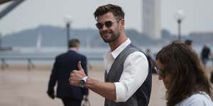 Surprise guest:Chris Hemsworth showed up at the Sydney Opera House on Wednesday for the Tourism Australia event.