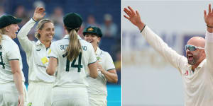 The Australian women’s team (left) and Nathan Lyon (right) celebrate their Test wins on Saturday.