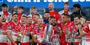 James Roby (centre) celebrates St Helens fourth straight Super League title last year