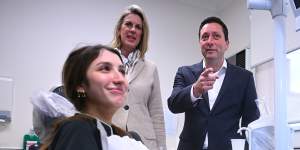 Shadow health minister Georgie Crozier and Opposition Leader Matthew Guy at a dental clinic on Thursday.