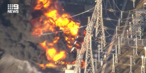 ‘A very dangerous operation’:Substation engulfed in flames south of Sydney