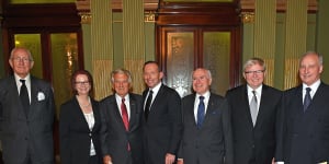 Former Prime Ministers of Australia,from left to right,Malcolm Fraser,Julia Gillard,Bob Hawke,Prime Minister Tony Abbott,John Howard,Kevin Rudd and Paul Keating pose for a photograph at the completion of a memorial service for former Prime Minister Gough Whitlam,at the Town Hall in Sydney,Wednesday,Nov. 5,2014. Whitlam,who was Australia's 21st prime minister,died on Oc. 21 at the age of 98. (AP Photo/Dan Himbrechts,Pool)