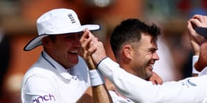 James Anderson celebrates a rare wicket in this Ashes series.