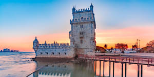 Belem Tower in Lisbon at sunset.