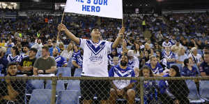 Bulldogs fans give Stephen Crichton a hero’s welcome for their trial match against Cronulla.