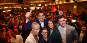 Premier Daniel Andrews on election night in 2018. Labor won in a landslide just four years ago,but the party is increasingly worried about losing traditional heartland seats.
