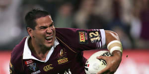 Carl Webb after scoring a try for the Maroons at Suncorp Stadium in 2006.