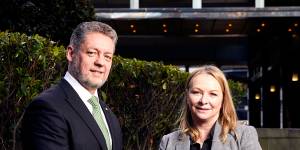Crown CEO Ciaran Carruthers and Dr Jamie Wiebe outside Crown’s casino in Melbourne.