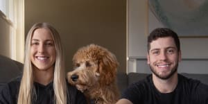 First home buyers Chloe Tan Sing and her partner Kieran Perkins and dog Beebs.