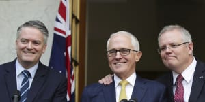 Mathias Cormann,Malcolm Turnbull and Scott Morrison at a joint press conference in 2018.