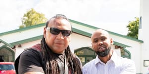 Mongrel Mob Waikato president Sonny Fatu with Hanad Ibrahim from Jamia Mosque in Hamilton.