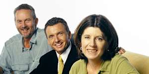 Robert Walls in 2004 with fellow Talking Footy panellists Bruce McAvaney and Caroline Wilson.