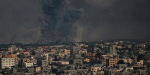 Smoke rises from the Israeli raids on Gaza City,Gaza. 