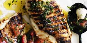 Barbecued chicken breast with sauce vierge and potato puree.