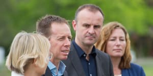 ACT Greens members Caroline Le Couteur and Shane Rattenbury with Labor Chief Minister Andrew Barr and ACT Labor Yvette Berry in happier times. The Greens have broken rank to raise concerns about the CTP ill being pushed by Labor. 
