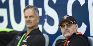 Tigers CEO Justin Pascoe and chairman Lee Hagipantelis look on during the 74-0 flogging in North Queensland.
