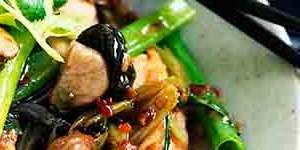 Neil Perry's Chilli chicken with chestnuts,black funghi and celery.
