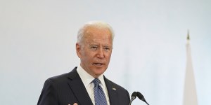 US President Joe Biden during a news conference at the G7 summit on Sunday.