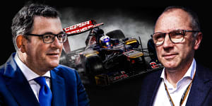 Victorian Premier Daniel Andrews and F1 boss Stefano Domenicali. The full extent of F1’s financial gains from its negotiations with the Victorian government are in the fine print of an inches-thick contract.
