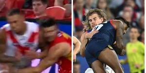 Head-high bumps are the talking point of round one of the 2023 AFL season. Kysaiah Pickett (centre) and Lance Franklin (left) were both offered suspensions for their hits on opponents,while Adelaide’s Shane McAdam received three matches at the tribunal.