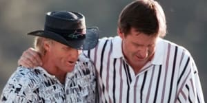 Greg Norman,left,with Nick Faldo,his conqueror at the Masters in 1996 by five strokes.