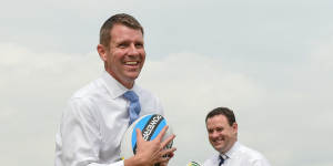 Then NSW premier Mike Baird and Penrith MP Stuart Ayres at Panthers on March 24,2015,announcing $12 million for the Western Sydney Community and Sports Centre.
