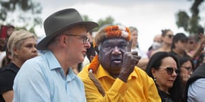 Yunupingu with Prime Minister Anthony Albanese at the Garma Festival in 2022.
