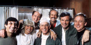 The cast of M*A*S*H,from left;Jamie Farr,Loretta Swit,David Ogden Stiers,Harry Morgan,Mike Farrell,Alan Alda,William Christopher.
