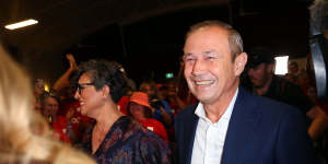 Roger Cook and wife Carly lane arrive at Medina Hall after being re-elected as WA Premier. 