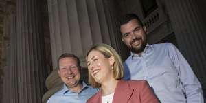 Thirty-something,Liberal and on the frontbench:Brad Rowswell (left),Jess Wilson and Evan Mulholland on Sunday.