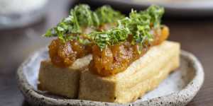 Panisse topped with spiced pumpkin relish.