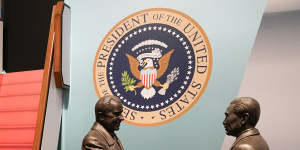 Highly symbolic setting:Secretary of State Mike Pompeo,left,tours the Richard Nixon Presidential Library with Hugh Hewitt,president and CEO of the Nixon Foundation.