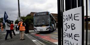 The strike action at Burwood bus depot on Monday morning. 