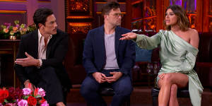 Tom Sandoval (left),Tom Schwartz (centre) and Raquel Leviss (right) on the season 10 reunion of Vanderpump Rules.