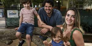  Steve Manos and Christina Paleologos,with their kids Ares,5,and Atlas,1,at the Brookville Kindergarten in Toorak.
