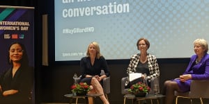 Kelly Beaver from Ipsos,former Australian prime minister Julia Gillard and former British prime minister Theresa May at the Global Institute for Women’s Leadership at King’s College London.