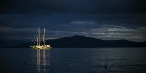 Greenpeace’s Rainbow Warrior at anchor near the island of Kioa.