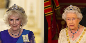 Queen Camilla wearing the sapphire tiara,necklace and earrings at a Buckingham Palace state banquet for South African President Cyril Ramaphosa. The tiara was last worn by Queen Elizabeth in public at a state banquet for Colombian President Juan Manuel Santos in 2016.