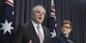 Prime Minister Scott Morrison and Minister for Foreign Affairs Marise Payne address the media during a press conference on Australia’s embassy in Israel,at Parliament House in Canberra on Tuesday 16 October 2018. fedpol Photo:Alex Ellinghausen