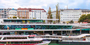 Danube channel cruise port near Vienna’s Schwedenplatz square. 