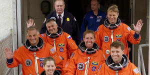 Pilot Pamela Melroy,front left,with the space shuttle Atlantis crew departing for the launch pad at the Kennedy Space Centre in Florida in October 2002.