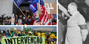 Clockwise from top-left:US Capitol riots in 2021,Leader of the New Guard fascist group Eric Campbell in 1931,Brazil National Congress building riot 2022