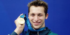 Ian Thorpe celebrates his first Olympic gold medal in the 400m freestyle.